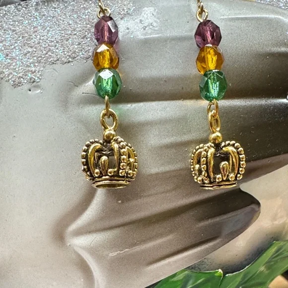 Mardi Gras colored beads & Gold Crown Drop Earrings handcrafted 2/$22 - Picture 1 of 6